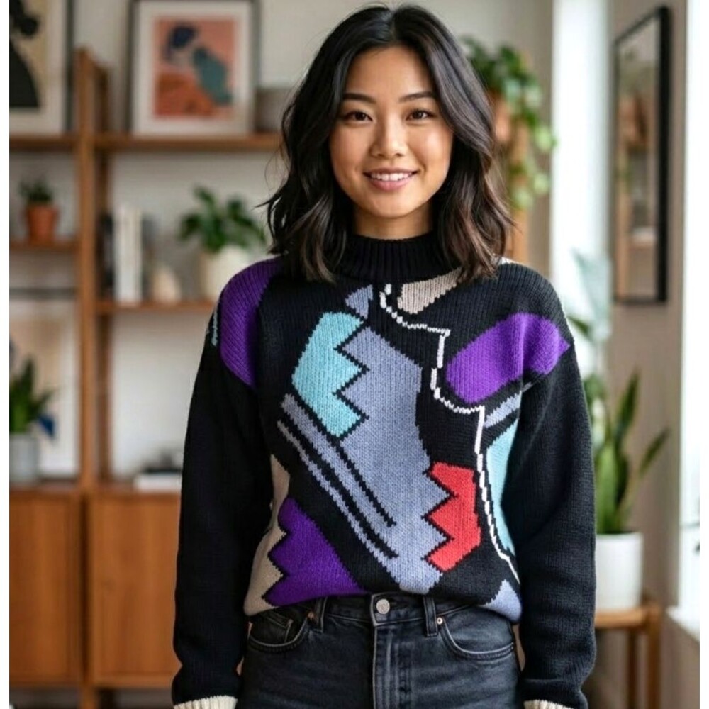 Vintage 80s Adam French Women Size S Abstract Colorblock Mock Neck Sweater